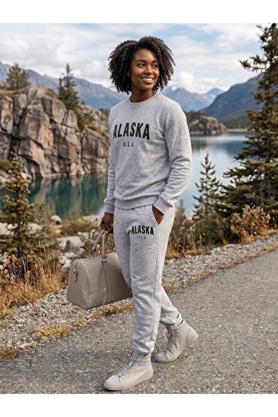 WOODROFFE Unisex Alaska Printed Crew Neck Sweatshirt Set Oversize