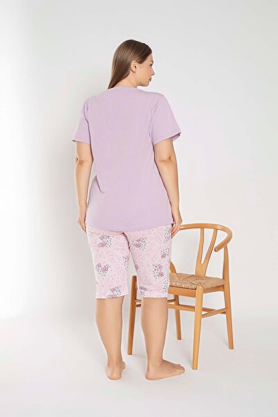 I BIZA Lila Kısa Kollu Kapri Büyük Beden %100 Pamuk Kadın Pijama Takımı