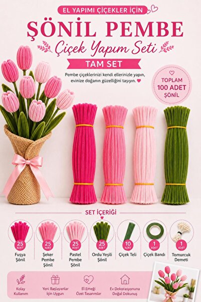 FORLERA Şönil Pembe Çiçek Yapım Seti Tam Set – 100 Adet Şönil, Çiçek Teli, Çi...