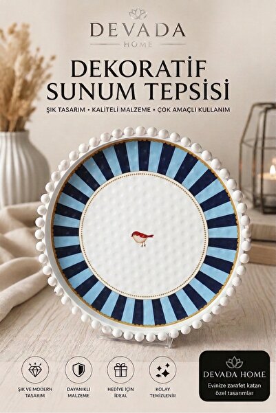 DEVADA HOME Boncuk Kenarlı Kuş Desenli Yuvarlak Dekoratif Sunum Tepsisi 24 cm