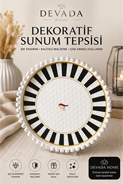 DEVADA HOME Boncuk Kenarlı Kuş Desenli Yuvarlak Dekoratif Sunum Tepsisi 24 cm