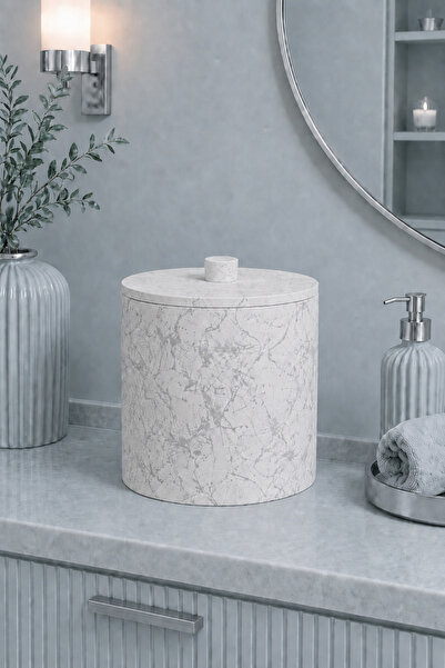 betonmall Concrete Trash Can 4 Liter Cylinder Marble Patterned Bathroom Toile...