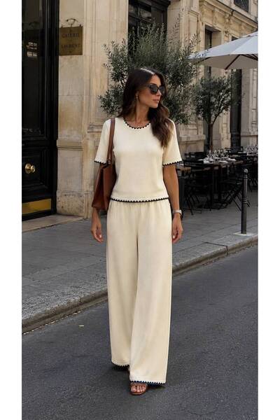 Flarsky Women's Knitwear Trouser Set with Embroidery Detail on the Front