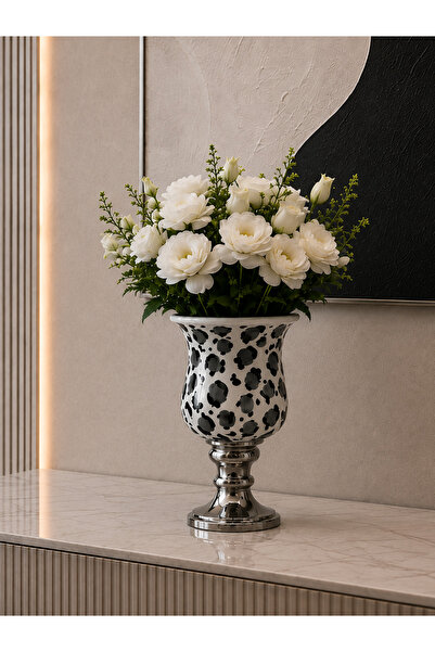 daiza home Ayaklı Vazo - Seramik Metal Ayaklı Çan Vazo Leopar Gri