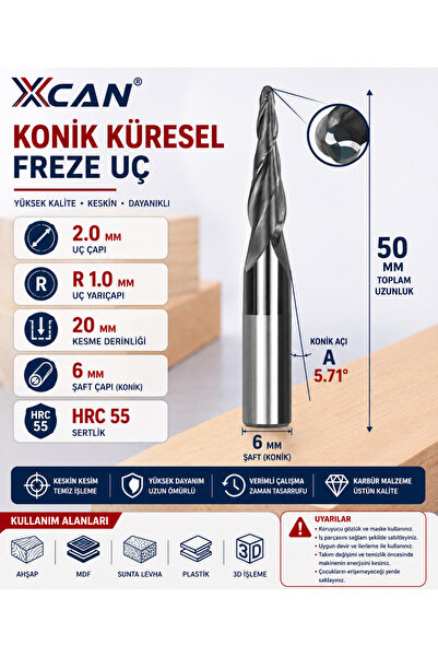 Küresel Konik CNC Freze Ucu 2 mm – R1 – 6 mm Şaft – 3D Oyma ve Gravür