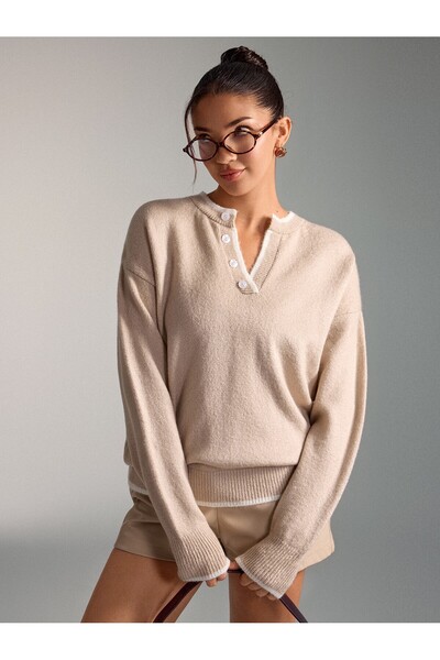 S.ÇLK Women's Buttoned Collar Contrast Ribbed Embroidered Knitwear Sweater