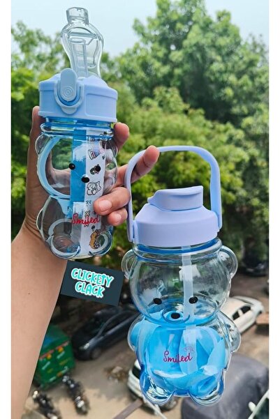 Generic Sticlă cu pai, design ursuleț kawaii, capacitate mare, culoare transp...