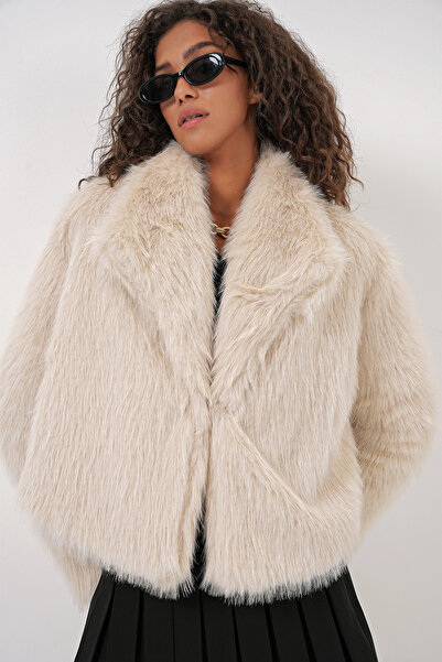 Bigdart 5186 Double-Breasted Plush Fur Coat - Beige