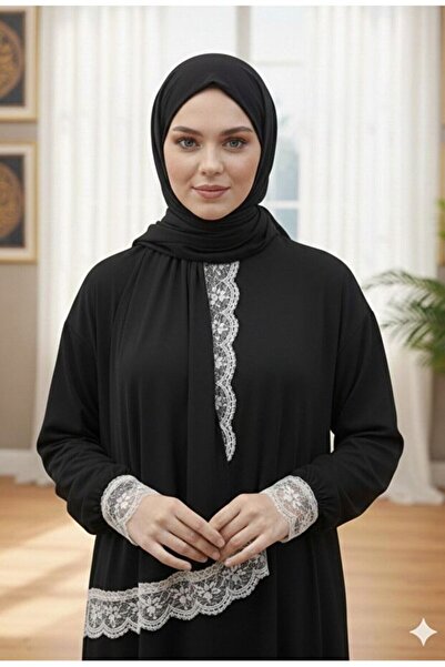 medipek Tek Parça Şallı Dantelli Bilekleri Lastikli Namaz Elbisesi