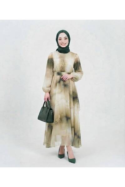 Ebru Desenli Katlı Şifon Tesettür Elbise - Haki / Bej