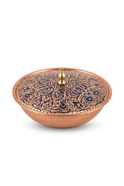 Erol Bakır Beste El Yapımı Kapaklı Bakır Şekerlik, Lacivert İnce Rumi Desen, ...