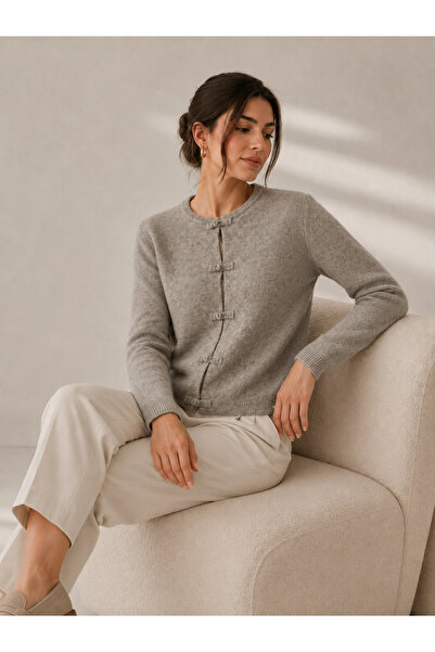 LOKADI Women's Crew Neck Bow/Ribbon Detailed Buttoned Knitwear Cardigan