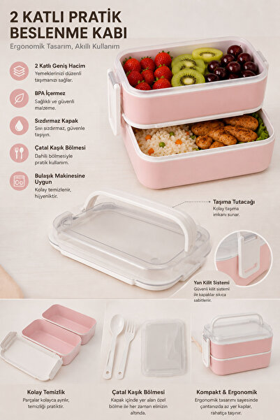 Ovio Ev&Yaşam 2 Katlı Plastik Kaşık ve Çatallı Kilitli Lunch Box Yeni Nesil S...
