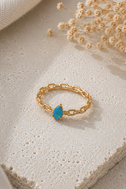Spossy Silver Jewelry 925 Ayar Gümüş Gold Kaplamalı Mavi Opal Damla Taşlı Zin...