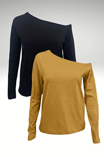 Mood Lab Tricou cu mânecă lungă, negru-alb, cu 2 piese, pentru femei, cu umer...