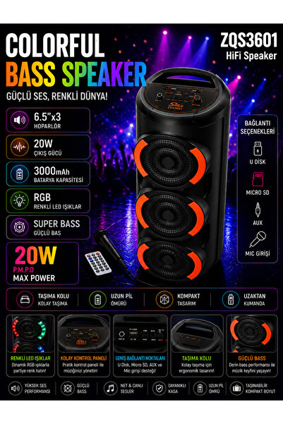 MUZEKO Uzaktan Kumandalı Speaker Karaoke Kablosuz Mikrofon Bluetooth Taşınabi...