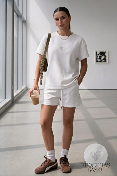 NO 601 Women's White Anse Trock Stone Printed Modal Fabric Tshirt Shorts Set