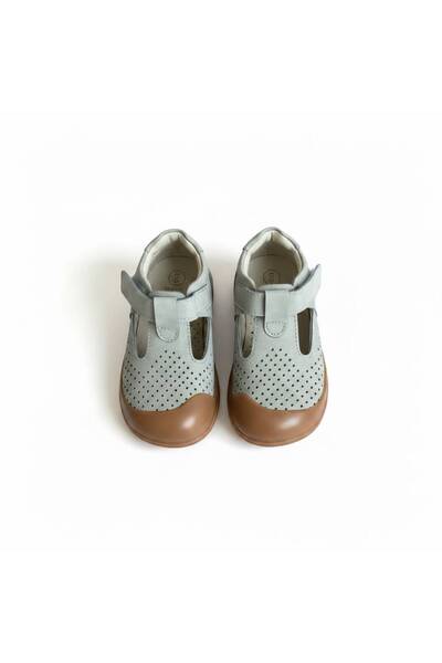 Aslı Türkoğlu Baby Boy Laser Perforated Genuine Leather Shoes - Summer Booties with Velcro Fastening and Tan Soles