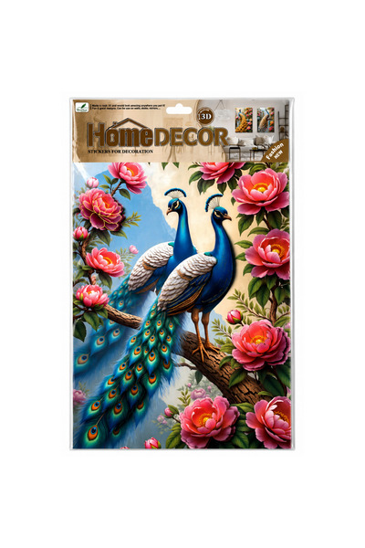 Home Decor Autocolant 3D Premium pentru Perete – Paun Regal cu Flori, 33 × 48 cm