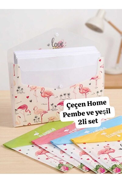 ÇEÇEN HOME 2-Piece Flamingo Snap Envelope File Set (1 Pink, 1 Green) Transpar...