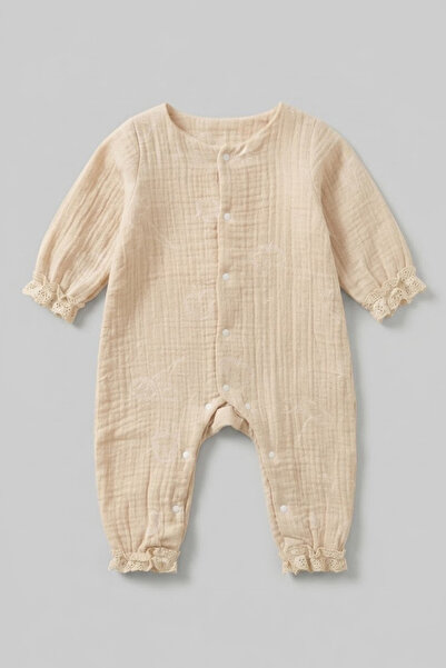 LOGO AKSESUAR 100% Cotton Muslin Lace Detailed Baby Girl Jumpsuit