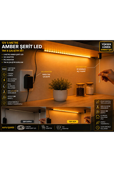 ECONA 5 METRE AMBER Mutfak Dolabı Tezgah Üstü Için Şerit Led Işık Adaptörlü İ...