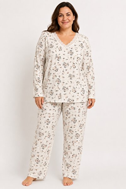 CottonVia Mother's Pajama Set, Cotton, Lace V-Neck, Long Sleeves, Ecru & Dark...