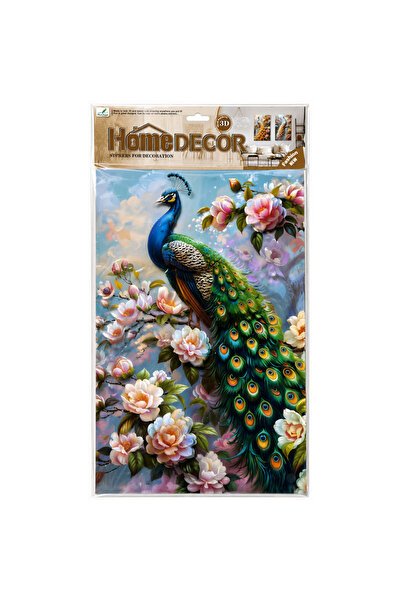 Home Decor Autocolant 3D Premium pentru Perete – Paun Regal cu Flori, 33 × 48 cm