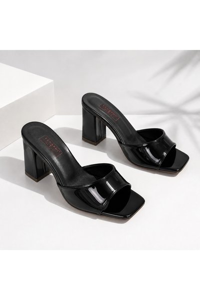Venardi Sofia Black Patent Leather Heeled Slippers