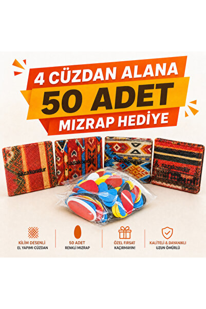 4'lü Kilim Desenli Mızrap Cüzdanı Seti + 50 Adet Bağlama Mızrabı Hediye Paket Kampanyası