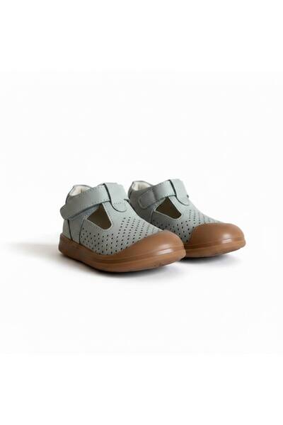 Aslı Türkoğlu Baby Boy Laser Perforated Genuine Leather Shoes - Summer Booties with Velcro Fastening and Tan Soles