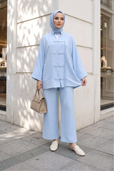 MODAQU Casual Stone Detailed Buttoned Ayrobin Top and Bottom Set Baby Blue