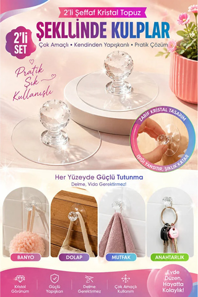 AYGÖREN HOME 2’li Şeffaf Kristal Topuz Kendinden Yapışkanlı Çekmece Kulpu Ask...