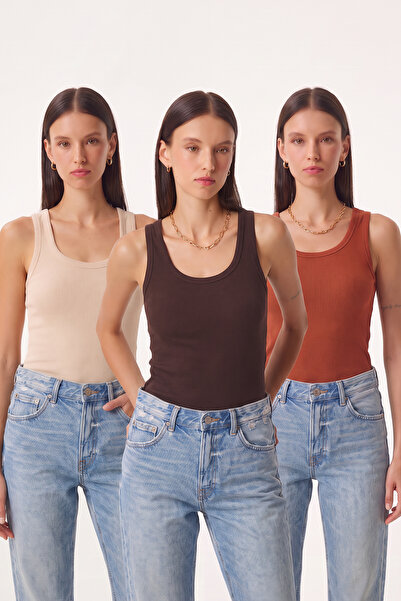 Lovelyİstanbul 3-Piece Ribbed Thick Strap Knitted Undershirt Lrn0060 Brown Ti...