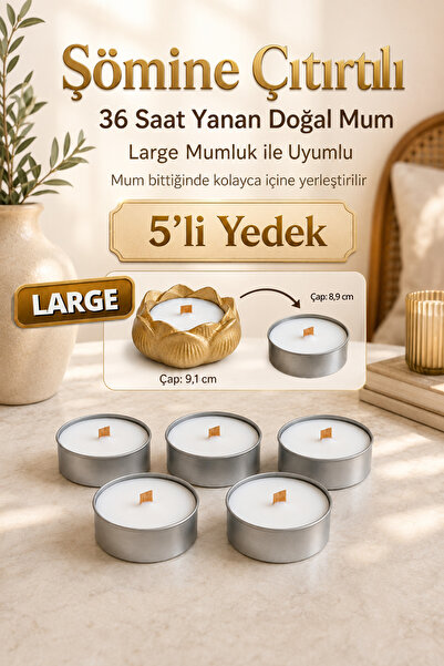 Madetoll 5'li Large Yedek Mum – Ahşap Fitilli Şömine Çıtırtılı Doğal Soya Mum...