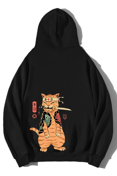 BRZ COLLECTION Hanorac unisex supradimensionat cu pisică ninja, negru