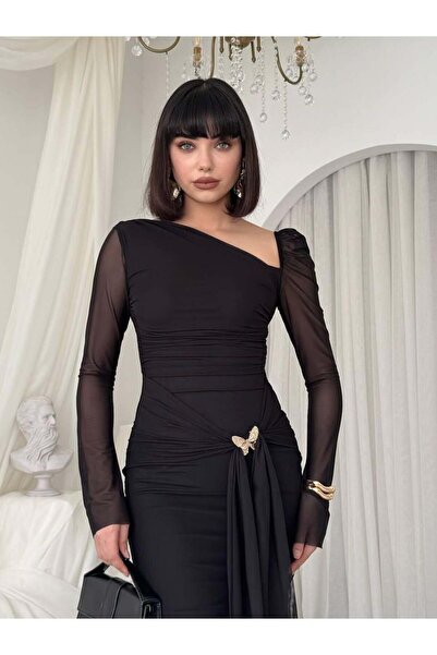 MODA DURAĞI Butterfly Brooch Detail Maxi Dress Black