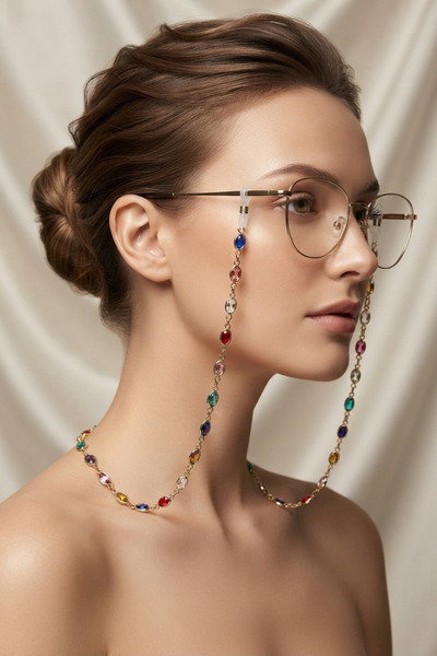 PETEK AKSESUAR Elegant Oval Colorful Stone Brass Glasses Chain