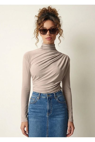 AÇELYA TEKSTİL Drawstring High Collar Body-Fitting Stretchy Knitted Luxury Women's T-Shirt