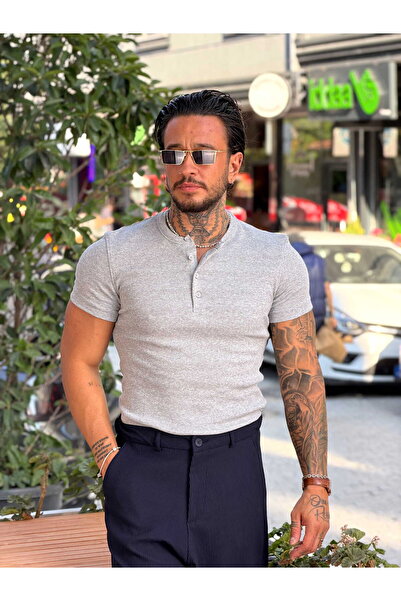 manch collection Yakası Düğmeli Slim Kalıp Fitilli Tshirt