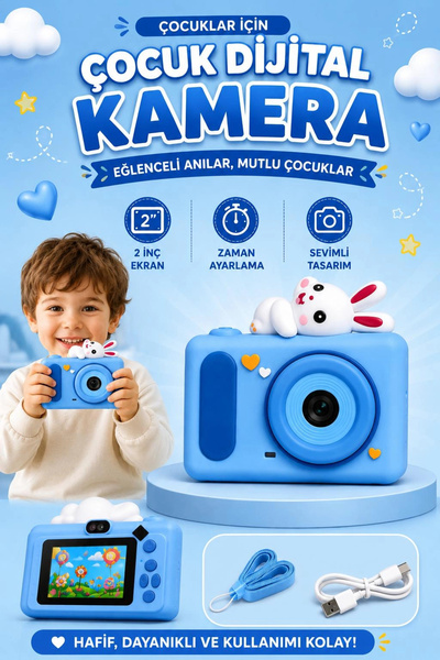 Vothoon Mini Çocuk Kamerası 2 İnç Ekranlı Fotoğraf Video Çekimli Şarjlı Silik...
