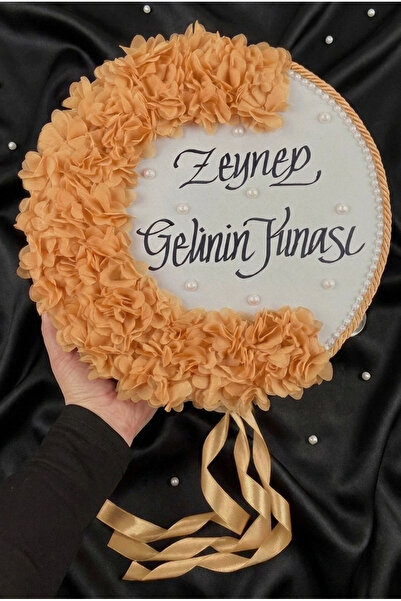ZEYMERADE Gold Gelin Tefi, Kordonlu İncili Ve Lazer Çiçek Süslemeli 30cm, Düğ...
