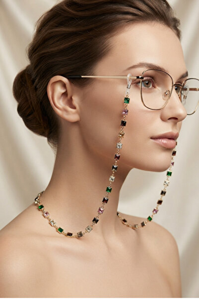 PETEK AKSESUAR Elegant Square Colorful Stone Brass Glasses Chain