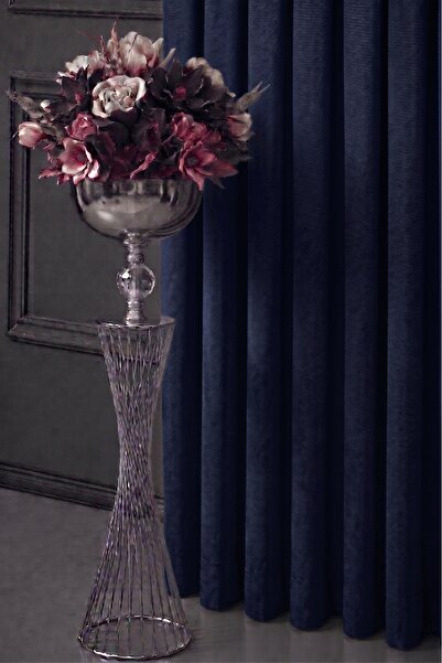 istper Dark Blue Velvet Textured Background Curtain Single Panel 1/3 Folded P...