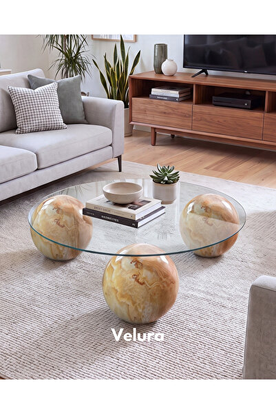 Velura Home & Living Küre Orta Sehpa - Jüpiter Mermer - Yuvarlak Şeffaf