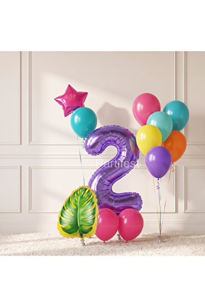 Partifest Purple Number Balloons Tropical Leaf Birthday Balloon Set 2 Years O...