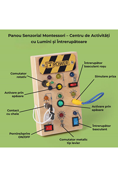 OEM Placă senzorială Busy Board Montessori din lemn, circuite și lumini LED, 3-6 ani