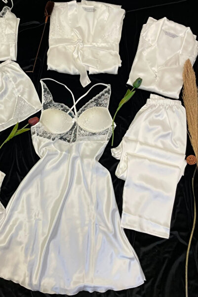 Freshness Kutulu 8 Parça Dev Saten Pijama Gecelik Sabahlık Iç Giyim Çeyiz Seti