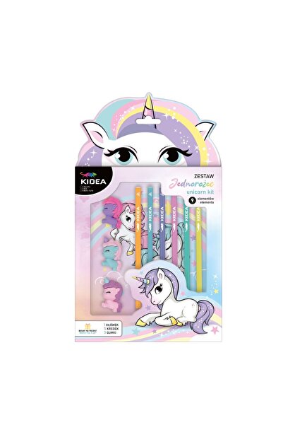 Kidea Set 5 creioane colorate pastel + 1 creion grafic HB + 3 radiere unicorn...