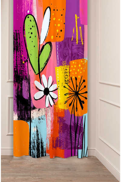 GREENDECOR Retro Çiçekler ve Kalp Motifli Sanatsal Dijital Baskılı Fon Perde